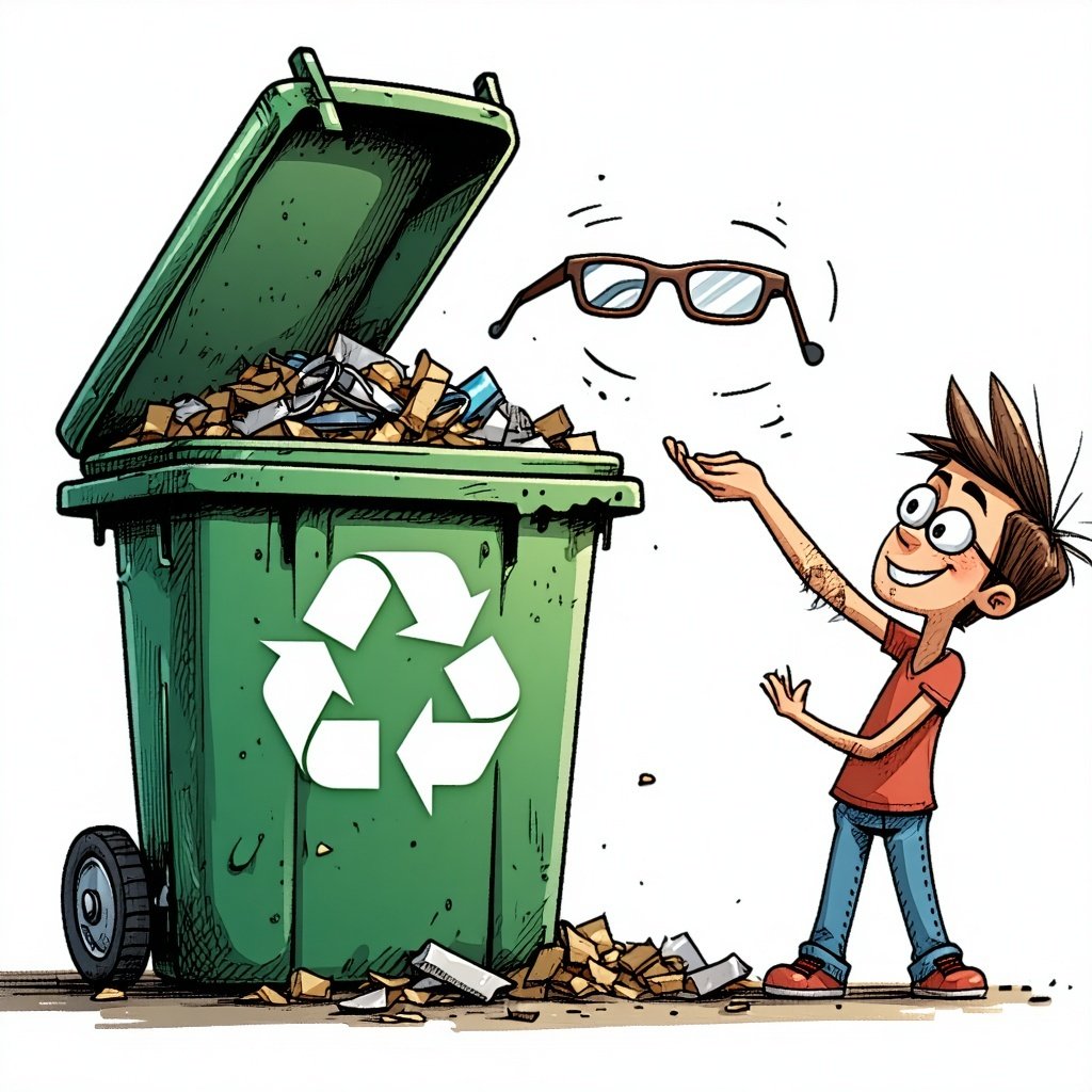 cartoon getting rid of eye glasses into a recycle bin-1